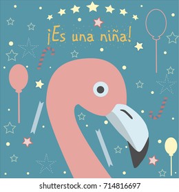 "Es una nina" means "It's a girl" in Spanish Language. Baby Girl Birth announcement. Cute Bird announces the arrival of a baby girl.