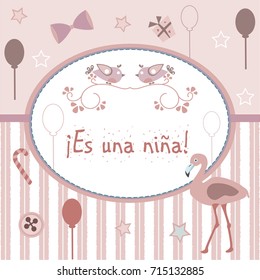 "Es una nina" means "It's a girl" in Spanish Language. Baby Girl Birth announcement. From Baby Shower Collection. Vector Illustration.