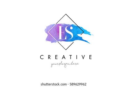 ES Watercolor Letter Brush Logo. Artistic Purple Stroke with Square Design.