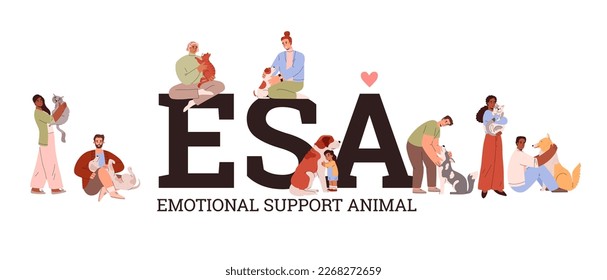 ESA emotional support animal banner or website header design with people and animals characters, flat vector illustration isolated on white background.