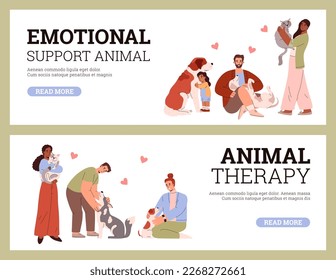 ESA emotional support animal and pet therapy flyers collection, flat vector illustration. Psychological help from interaction with pets concept of banners or posters.