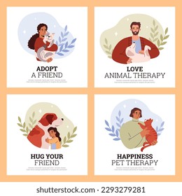 ESA emotional support animal and pets adoption banners and cards set. Psychological help from interaction with pets and animals shelter banners, flat vector illustration.