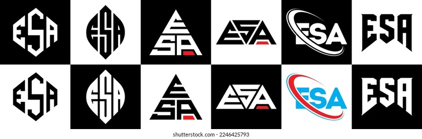 ESA letter logo design in six style. ESA polygon, circle, triangle, hexagon, flat and simple style with black and white color variation letter logo set in one artboard. ESA minimalist and classic logo