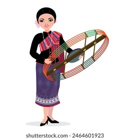 Esan woman in traditional clothing holding thai rocket 'Bun Bang fai' 