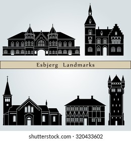 Esbjerg landmarks and monuments isolated on blue background in editable vector file
