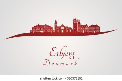 Esbjerg skyline in red and gray background in editable vector file