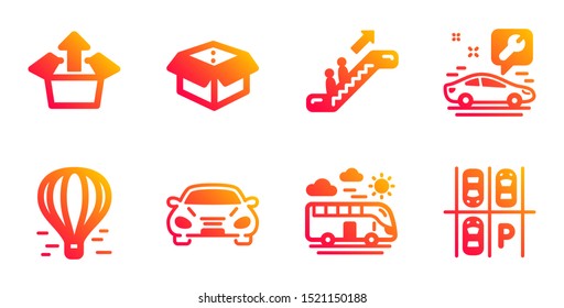 Escalator, Bus travel and Send box line icons set. Car service, Car and Open box signs. Air balloon, Parking place symbols. Elevator, Transport. Transportation set. Vector