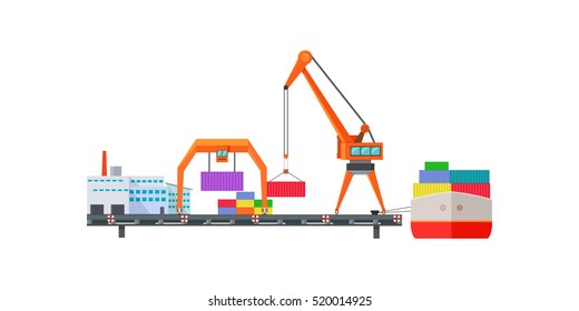 Escalator delivers cargo on ship. Logistics container shipping and distribution. Transportation to any part of world. Delivering by water sea ocean. Loading and unloading boxes. Vector illustration - Shutterstock ID 520014925