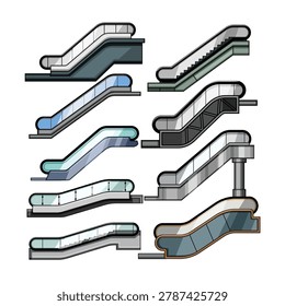 Escalator designs showcasing architectural elements for vertical transportation in malls, airports, and public spaces, illustrating different handrail and side panel variations