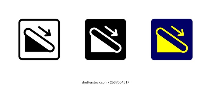 Escalator down icon. Downward moving escalator with arrow indicating direction vector illustration. Indoor transportation and facility navigation symbol. Public space access sign. Building mobility.