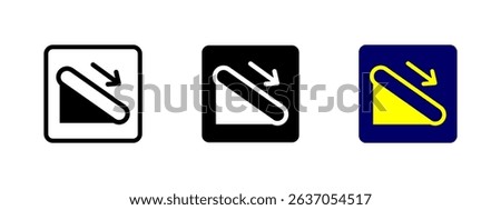 Escalator down icon. Downward moving escalator with arrow indicating direction vector illustration. Indoor transportation and facility navigation symbol. Public space access sign. Building mobility.