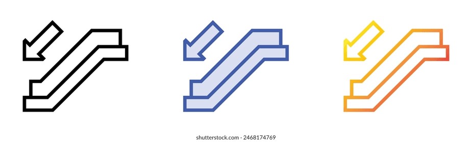 icono de escalera mecánica abajo. Diseño de estilo de relleno lineal, azul y degradado aislado sobre fondo blanco