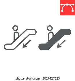 Escalator down line and glyph icon, information and airport, man on escalator vector icon, vector graphics, editable stroke outline sign, eps 10