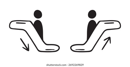escada rolante para cima e para baixo e ícone de pessoa ou homem rabiscar mão desenhada. Símbolo clipart de desenho de linha de tópicos. Ilustração vetorial