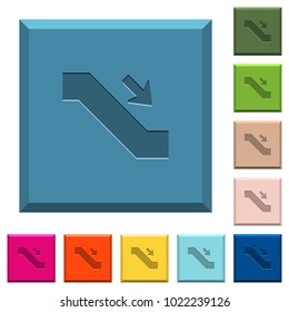 Escalator down sign engraved icons on edged square buttons in various trendy colors