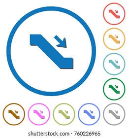 Escalator down sign flat color vector icons with shadows in round outlines on white background