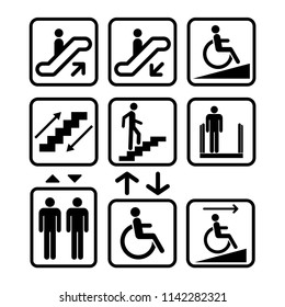 Escalator and Elevator sign. Ramp, Lift signs. Black isolated icons. Staircase sign.