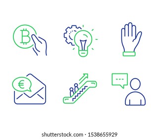 Escalator, Euro money and Idea gear line icons set. Bitcoin pay, Hand and Users chat signs. Elevator, Receive cash, Technology process. Cryptocurrency coin. Business set. Vector