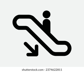 Escalator Going Down Icon Downwards Arrow Bottom Point Pointer Moving Stairs Stair Step Staircase Black White Line Outline Shape Sign Symbol EPS Vector