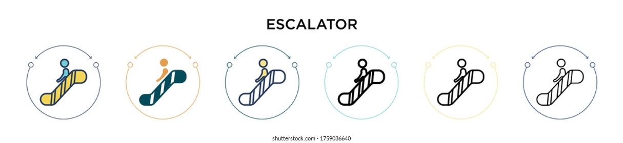 Escalator icon in filled, thin line, outline and stroke style. Vector illustration of two colored and black escalator vector icons designs can be used for mobile, ui, web