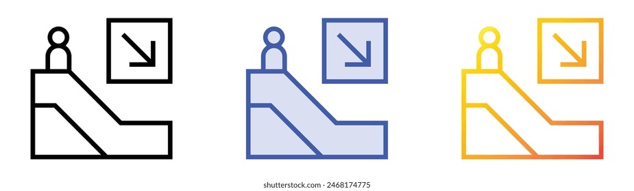 icono de escalera mecánica. Diseño de estilo de relleno lineal, azul y degradado aislado sobre fondo blanco