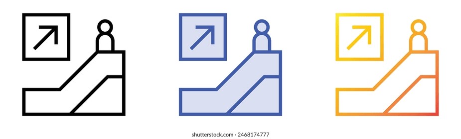 icono de escalera mecánica. Diseño de estilo de relleno lineal, azul y degradado aislado sobre fondo blanco