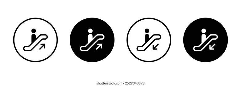 Symbolsatz für Eskalator. Die Symbole für "Nach oben" und "Nach unten" der Fahrtreppe sind festgelegt. Rolltreppenzeichen. Vektorgrafik des Piktogramms der Eskalation
