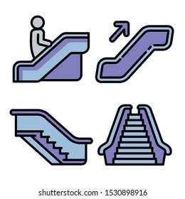 Escalator icons set. Outline set of escalator vector icons for web design isolated on white background