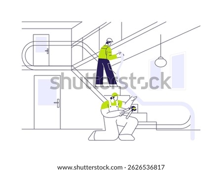 Escalator installation abstract concept vector illustration. Group of contractors installing an escalator in commercial building, interior works, construction process abstract metaphor.