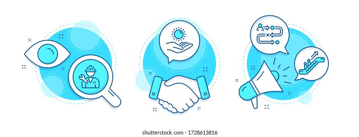 Escalator, Journey path and Sun protection line icons set. Handshake deal, research and promotion complex icons. Repairman sign. Elevator, Project process, Ultraviolet care. Repair service. Vector