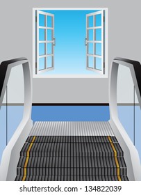 Escalator leading to an open window. Vector illustration.