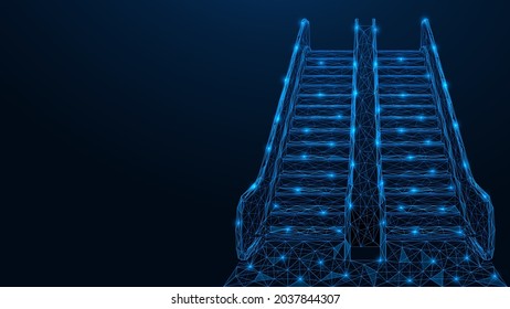 Escalator. A mechanism in the form of a ladder with moving steps for moving people. A low-poly construction of interconnected lines and points. Blue background.