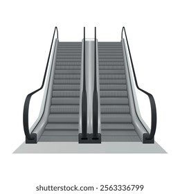 Escalator modern staircase machine public ladder transportation realistic vector illustration. Passenger traffic speed transport with railing fast moving up and down way urban hurry subway supermarket