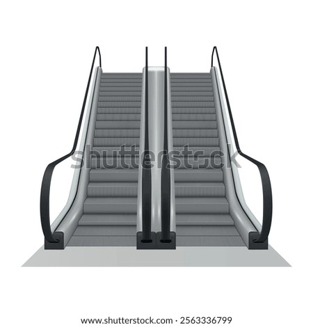Escalator modern staircase machine public ladder transportation realistic vector illustration. Passenger traffic speed transport with railing fast moving up and down way urban hurry subway supermarket
