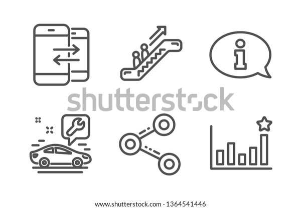 Escalator, Phone communication and Car service
icons simple set. Information, Share and Efficacy signs. Elevator,
Incoming and outgoing calls. Business set. Line escalator icon.
Editable stroke