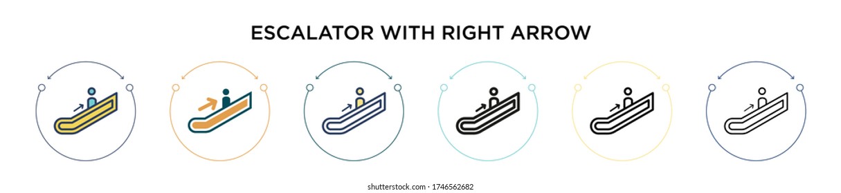 Escalator with right arrow icon in filled, thin line, outline and stroke style. Vector illustration of two colored and black escalator with right arrow vector icons designs can be used for mobile,