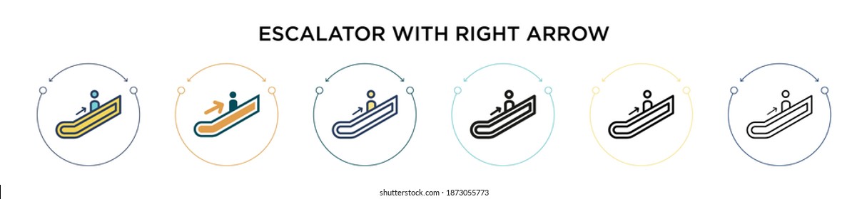 Escalator with right arrow icon in filled, thin line, outline and stroke style. Vector illustration of two colored and black escalator with right arrow vector icons designs can be used for mobile,