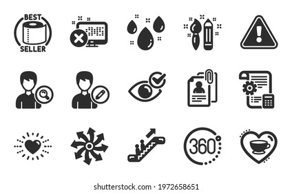 Escalator, Search people and Settings blueprint icons simple set. Toilet paper, 360 degrees and Versatile signs. Love coffee, Interview documents and Rainy weather symbols. Flat icons set. Vector