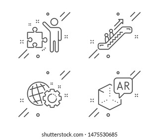 Escalator, Seo gear and Strategy line icons set. Augmented reality sign. Elevator, Web settings, Business plan. Virtual reality. Technology set. Line escalator outline icon. Vector