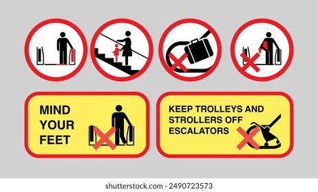 Escalator Signage Label and Sticker. Safety Warnings and Icons for Metro, Subway, Underground Transport: Mind Your Feet, Keep Trolleys Off, Hold Child's Hand, No Pets. Vector.