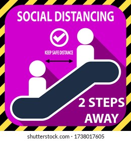 Escalator social distancing 2 steps away  warning icon symbol. Prevent the outbreak covid19 by maintain physical distance sign. New normal practice social distancing. Coronavirus pandemic concept.