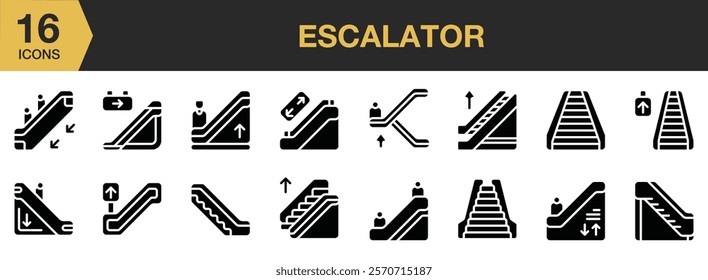 Escalator solid icon set. Includes Escalator, Moving Stairs, Staircase, Stairway, Upward, and More. Solid icons vector collection.