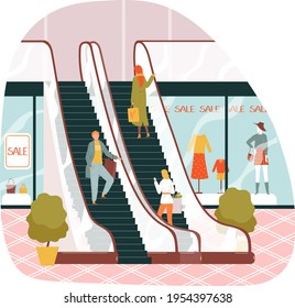 Escalator staircase, elevator staircase shopping mall, fast walking speed, public movement, design, flat style vector illustration