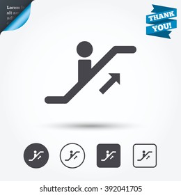 Escalator staircase icon. Elevator moving stairs up symbol. Circle and square buttons. Flat design set. Thank you ribbon.