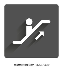 Escalator staircase icon. Elevator moving stairs up symbol. Gray flat square button with shadow. Modern UI website navigation.