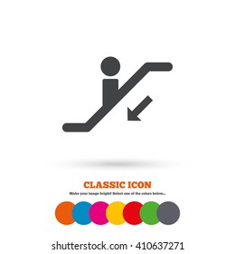 Escalator staircase icon. Elevator moving stairs down symbol. Classic flat icon. Colored circles.
