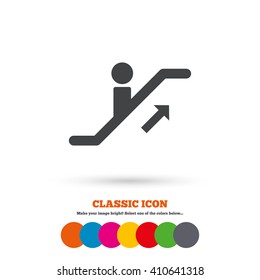 Escalator staircase icon. Elevator moving stairs up symbol. Classic flat icon. Colored circles.