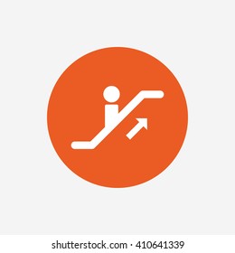 Escalator staircase icon. Elevator moving stairs up symbol. Orange circle button with icon. Vector