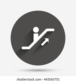 Escalator staircase icon. Elevator moving stairs up symbol. Circle flat button with shadow. Vector