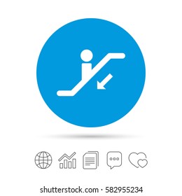 Escalator staircase icon. Elevator moving stairs down symbol. Copy files, chat speech bubble and chart web icons. Vector